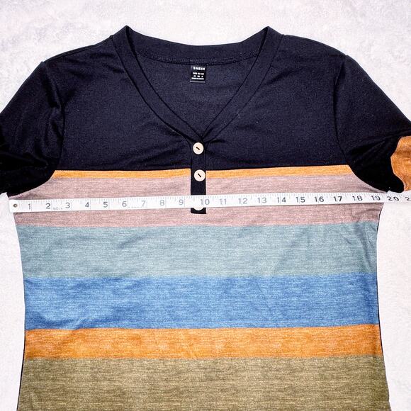 SHEIN Black Short-Sleeved Top with Multi Colored Stripes Size 6 Medium - Picture 5 of 6